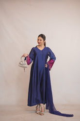 Royal Blue Silk Long Frock with Embellished Sleeves – Luxury Formal Wear - Brands Kahani